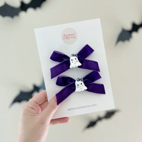 Purple Velvet Ghost Pigtail Bow Set