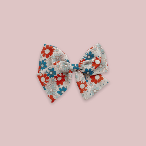 Red and Blue Floral Crepe Pinwheel Fabric Bow