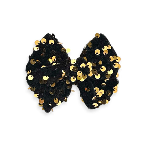 Black & Gold Sequin Velvet Pinwheel Bow