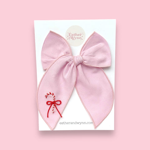 Large Pink Embroidered Candy Cane Fable Bow