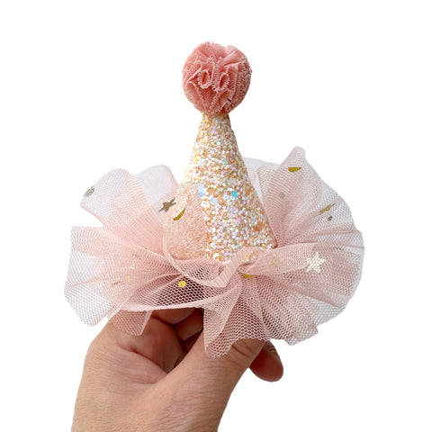 Pink Glitter & Tulle Mini Birthday Hat