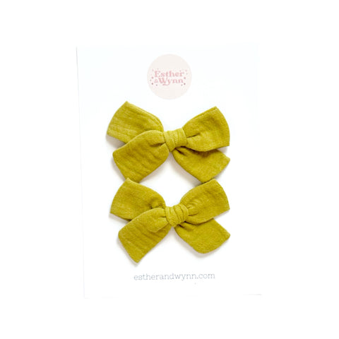 Mustard Muslin Pigtail Bow Set