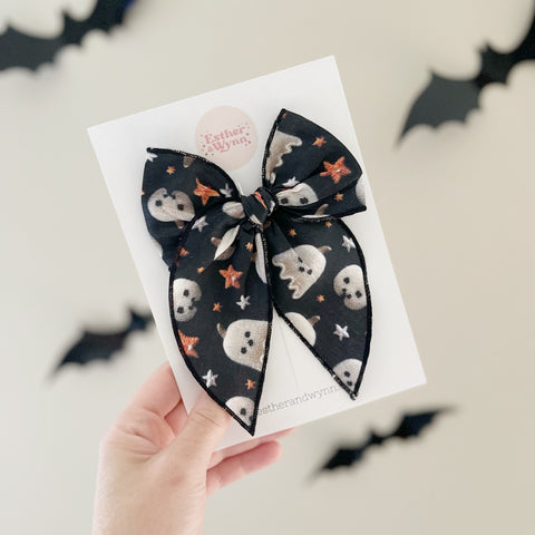 Pumpkin and Ghost Embroidered Print Fable Bow