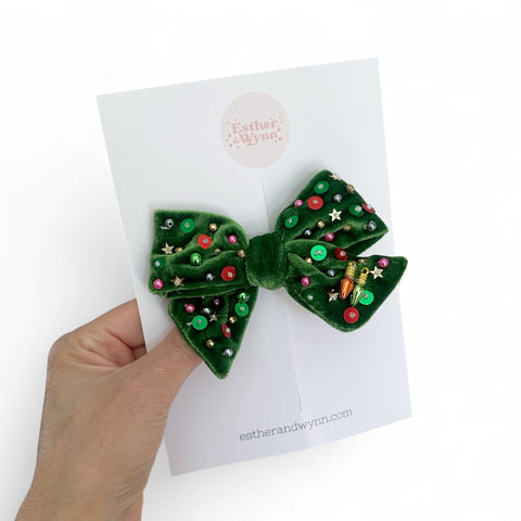 Green Beaded Velvet Holiday Bow