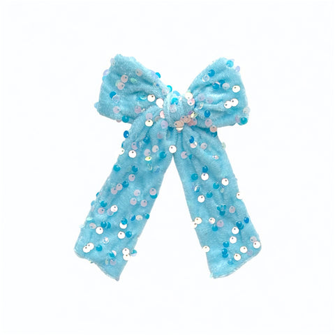 Light Blue Sequin Velvet Longtail Bow
