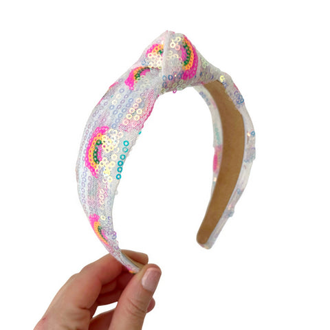 White Rainbow Sequin Knot Headband