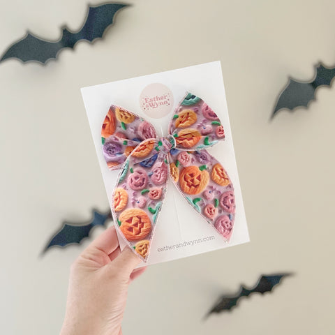 Pastel Halloween Embroidered Pumpkin Print Fable Bow