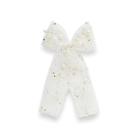 White & Gold Glitter and Pearl Longtail Bow