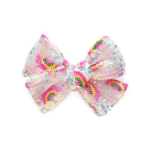 White Rainbow Sequin Pinwheel Bow