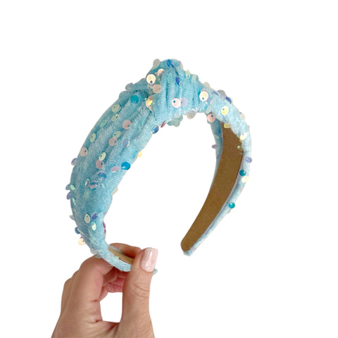Light Blue Sequin Velvet Knot Headband
