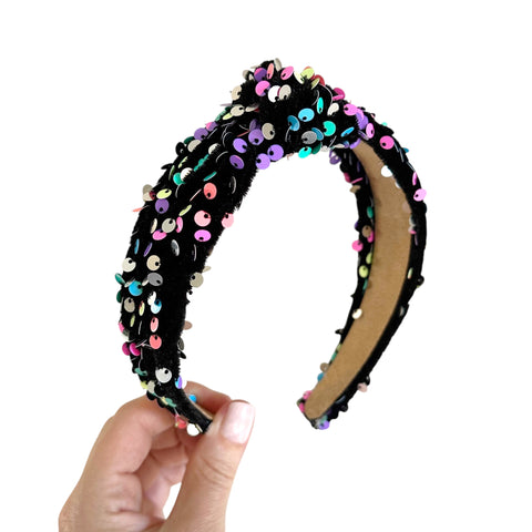 Black Velvet Rainbow Sequin Knot Headband