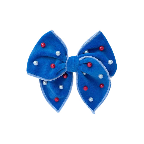 Blue Velvet Beaded Pearl Midi Fable Bow