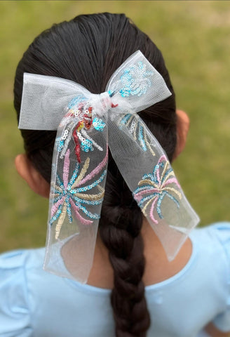 White Mesh Firework Sequin Longtail Bow