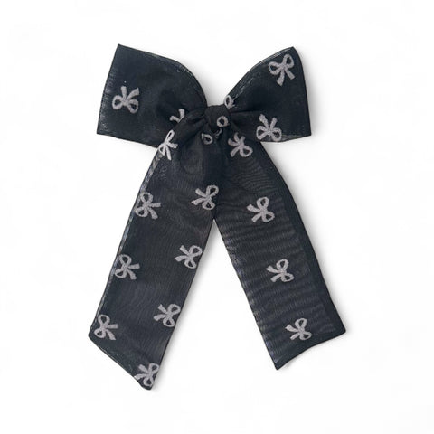 Black Mesh Bow Print Longtail Bow