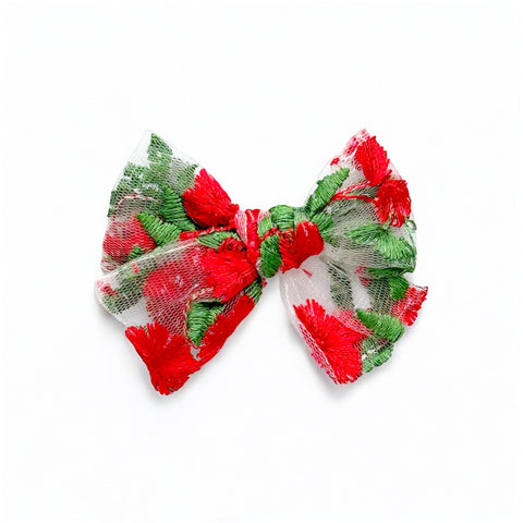 Red Floral Embroidered Pinwheel Bow