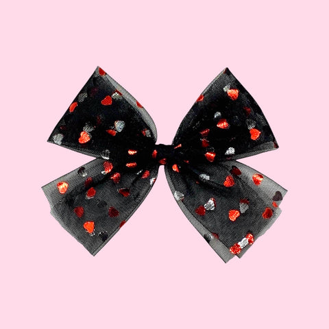 Black and Red Heart Tulle Bow