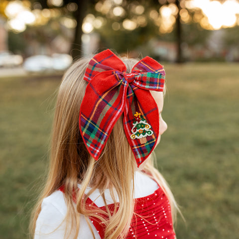 Large Red Plaid Sequin Tree Patch Fable Bow