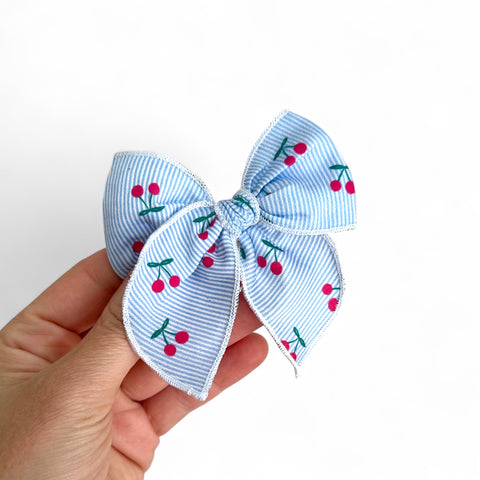 Small Blue Stripe Cherry Fable Bow