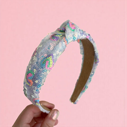 Silver Neon Heart Sequin Knot Headband