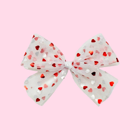 White and Red Heart Tulle Bow