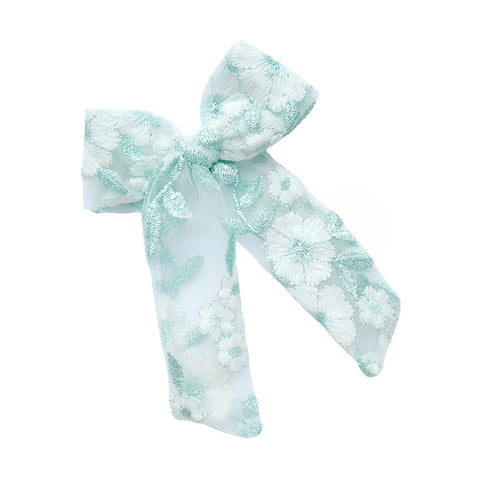 Mint Floral Embroidered Longtail Bow