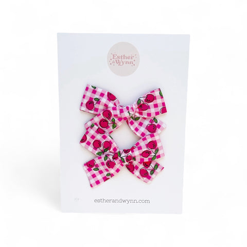 Pink Cherry Gingham Pigtail Bow Set