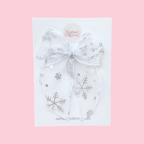 Large White & Silver Snowflake Organza Fable Bow