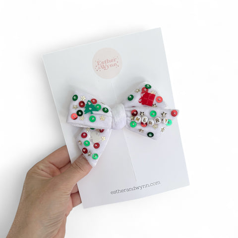 White Beaded Merry Velvet Bow