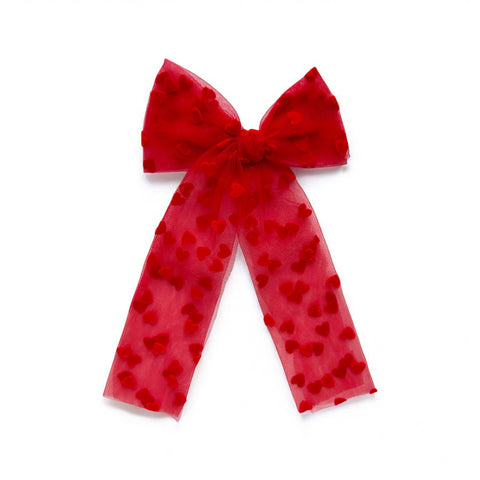 Red Flocked Heart Longtail Bow