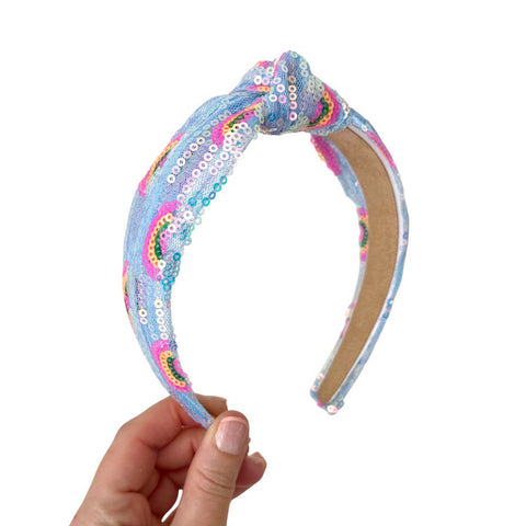 Blue Rainbow Sequin Knot Headband