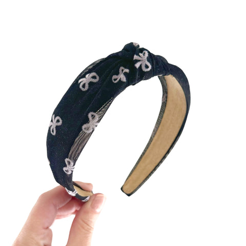 Black Mesh Bow Print Knot Headband