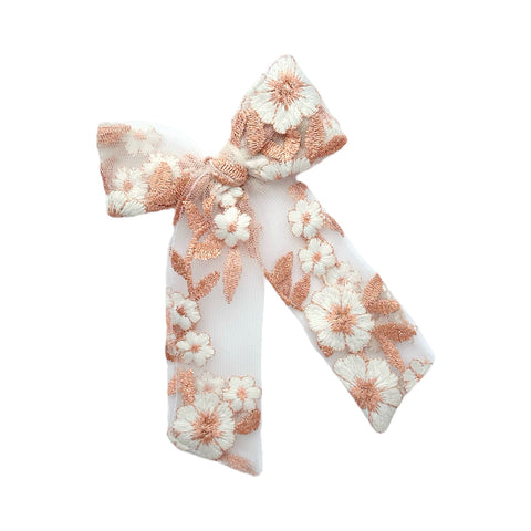 Peach Floral Embroidered Longtail Bow