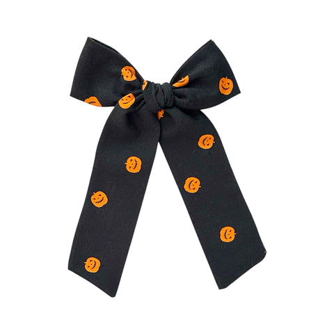Black Pumpkin Print Longtail Bow