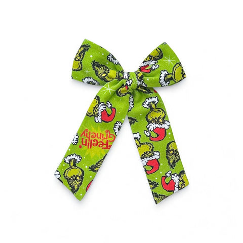 Green Grinch Print Longtail Bow