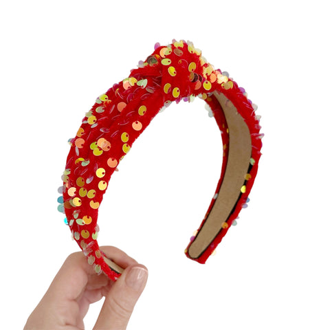 Red & Gold Sequin Velvet Knot Headband