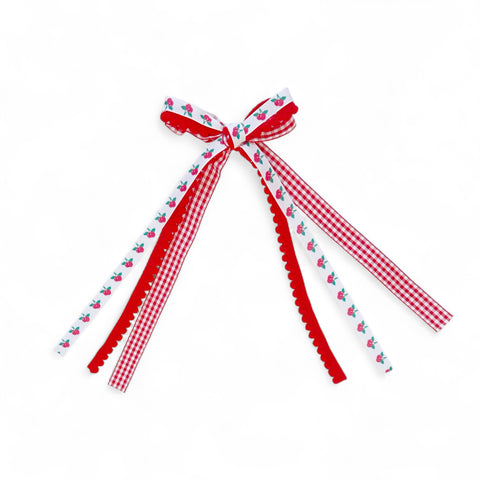 Cherry Gingham Pom Pom Ribbon Bow