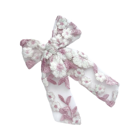 Pink Floral Embroidered Longtail Bow