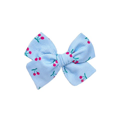 Blue Stripe Cherry Print Pinwheel Bow