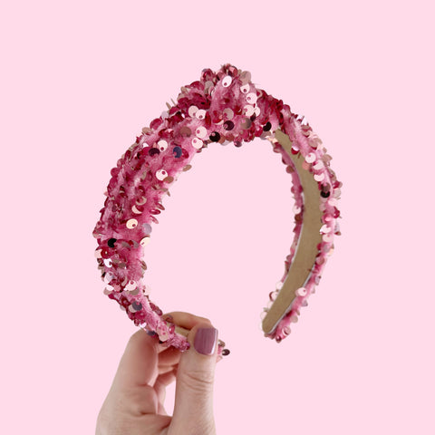 Pink Sequin Velvet Knot Headband