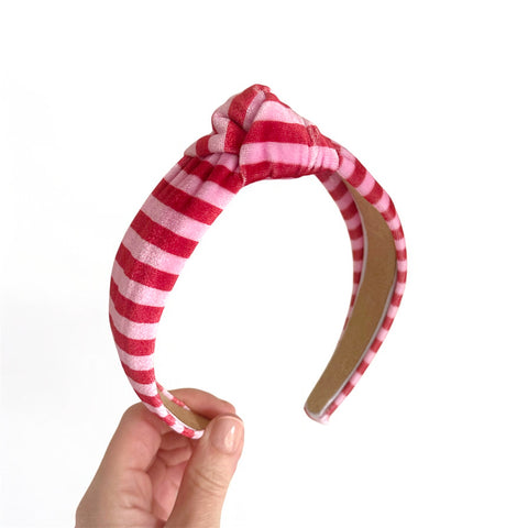 Red & Pink Stripe Velvet Knot Headband