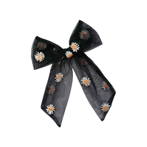Black tulle daisy embroidered bow