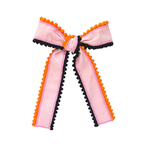 Large Pink Halloween Pom Pom Longtail Bow