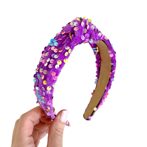 Purple Velvet Rainbow Sequin Knot Headband