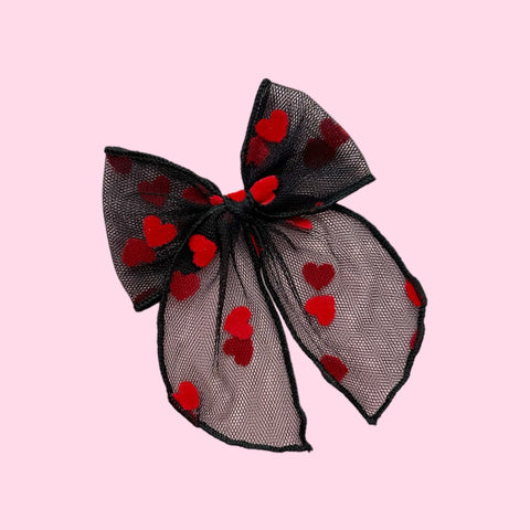 Black and Red Heart Midi Tulle Fable Bow