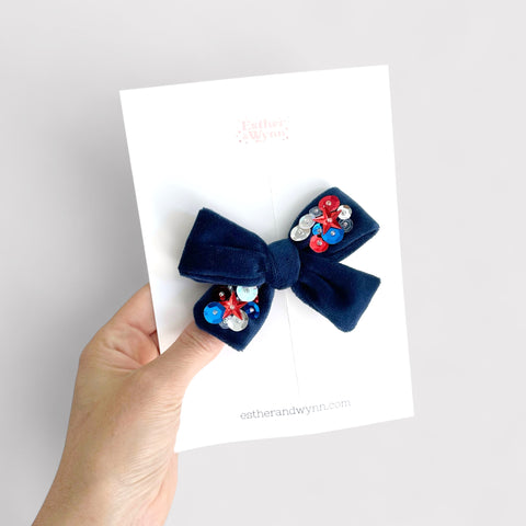 Navy Beaded Velvet Bow