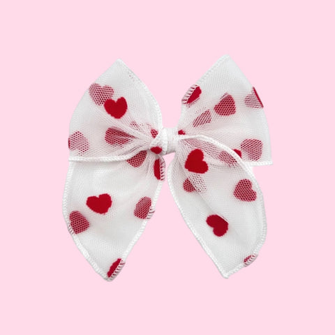 White and Red Flocked Heart Tulle Midi Fable Bow