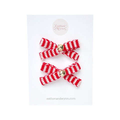 Red & White Stripe Knit Jingle Bell Pigtail Set