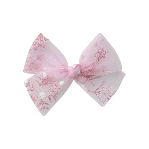 Pink Glitter Snowflake Tulle Pinwheel Bow