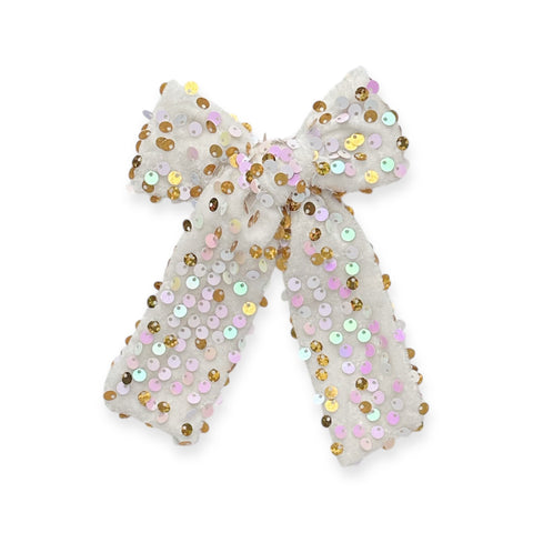 White Velvet Sequin Longtail Bow