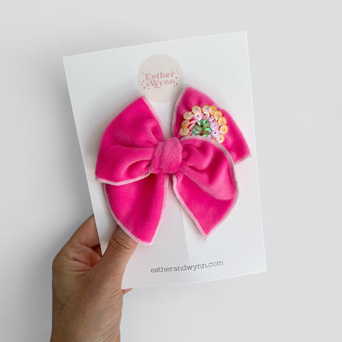 Small Pink Velvet Rainbow Sequin Fable Bow